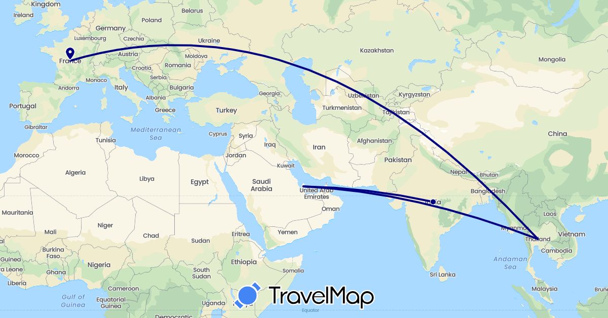 TravelMap itinerary: driving in France, India, Qatar, Thailand (Asia, Europe)